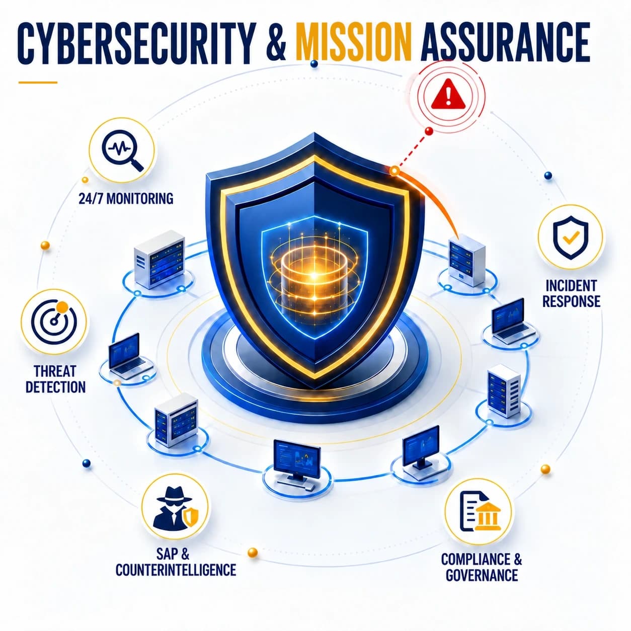 Cybersecurity and mission assurance infographic showing 24/7 monitoring, threat detection, incident response, special access program and counterintelligence support, and compliance and governance
