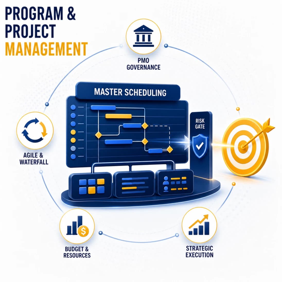 Program and project management infographic showing governance, delivery methods, budgeting, scheduling, and execution